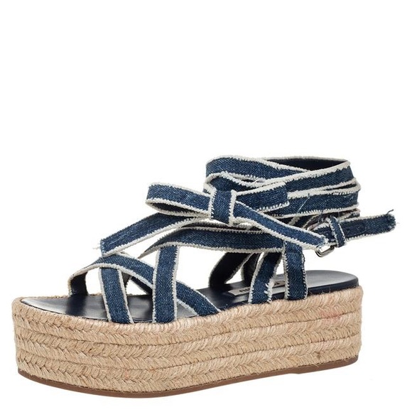 Miu Miu Denim Espidrille Wrap Platform Sandals 41EU - Picture 1 of 5